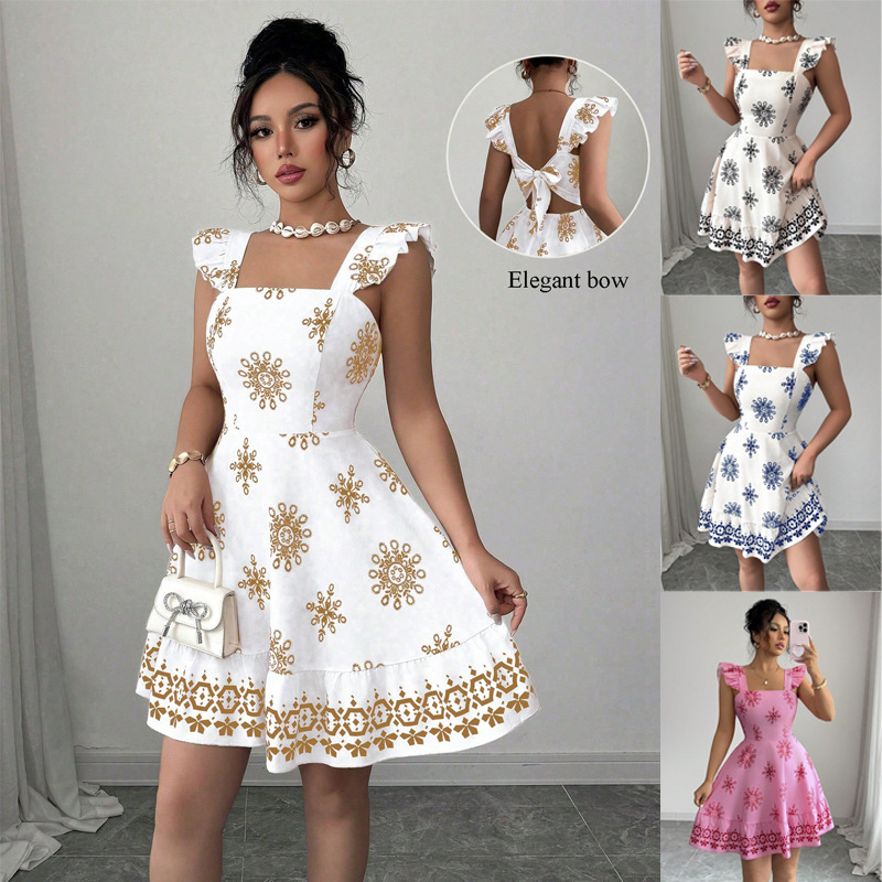 2026 Cross-Border European and American Amazon Hot-Selling Fashion Elegant Date Dress with Multi-Color Print, Flutter Sleeves, and Lace Trim