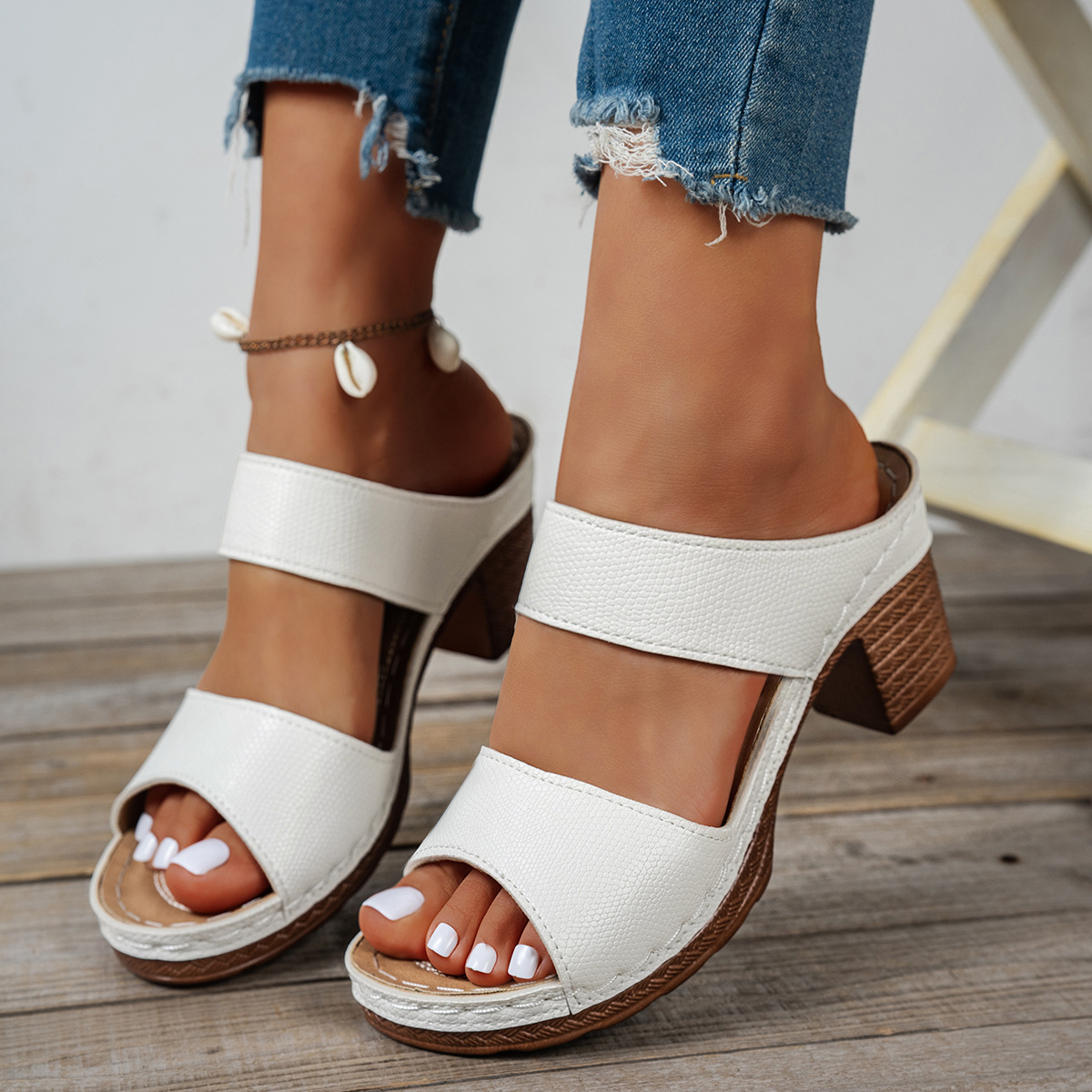 2026 New Large Size Chunky Heel Slip-On Sandals for Women, Casual Foreign Trade European and American Style, Solid Color Fashionable Peep-Toe High Heel Sandals