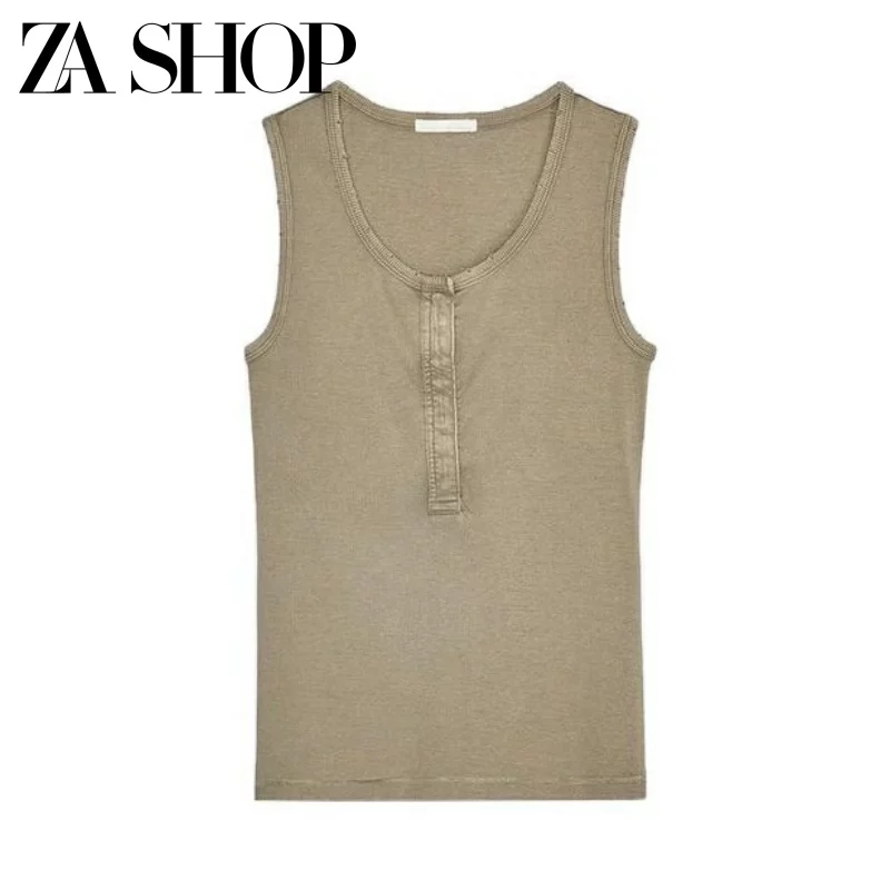 2025 Summer New Women's Washed Ribbed Fashion Round Neck Sleeveless Slim Fit Top 3253338