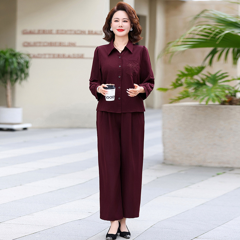 Elegant Women's Long-Sleeve Shirt and Wide-Leg Pants Two-Piece Set, 2026 Summer New Style, Slimming and Age-Reducing Fashion Outfit