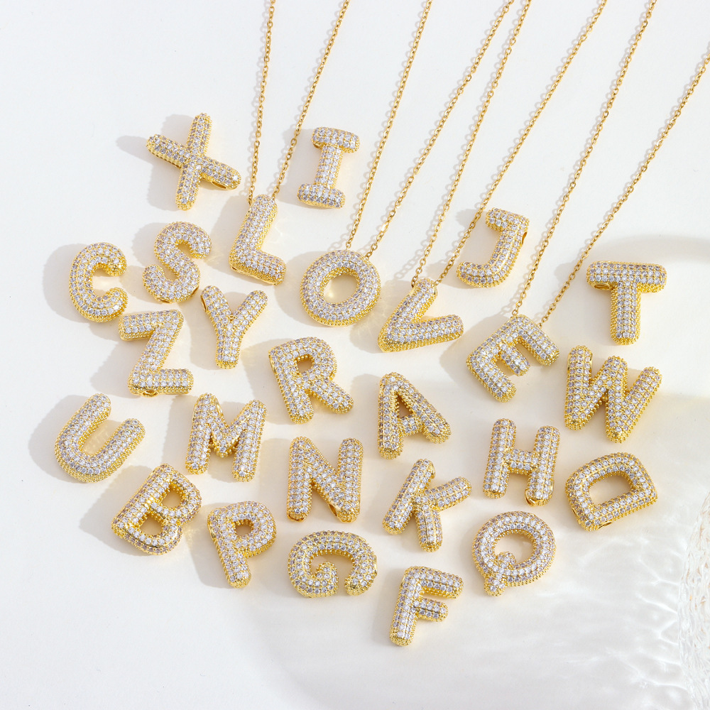 Cross-Border Popular Micro-Paved Zircon 26 English Letter Pendant Necklace Copper Plated 18K Gold Fashion Versatile Necklace Wholesale