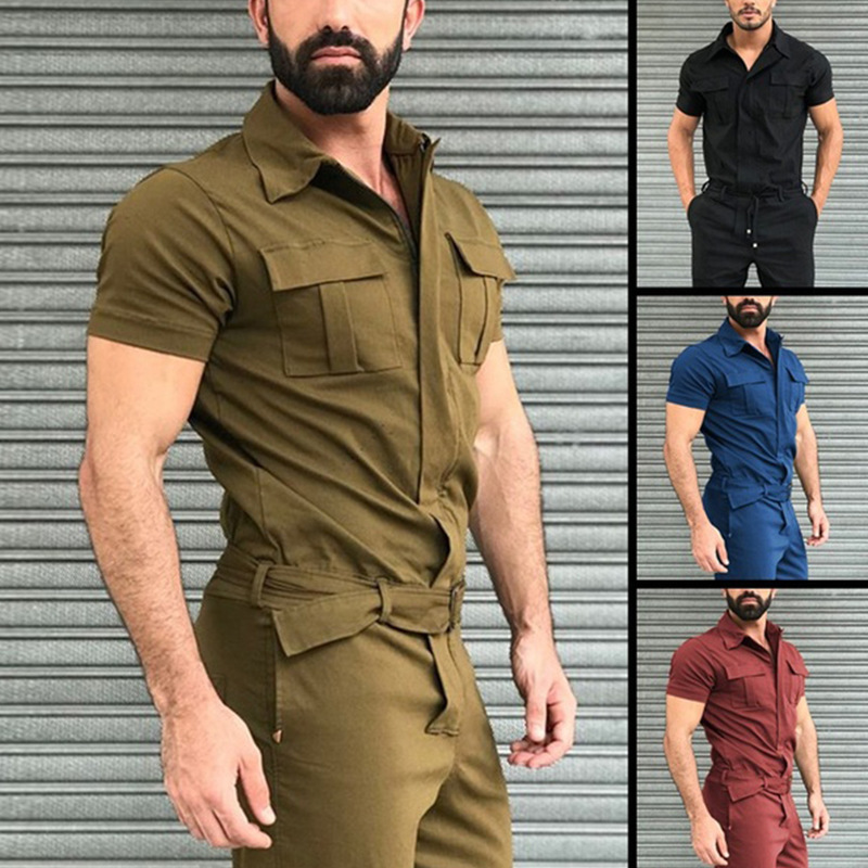 2026 New Cross-Border Men's Casual Jumpsuit Set Amazon Belted Uniform Workwear Jumpsuit