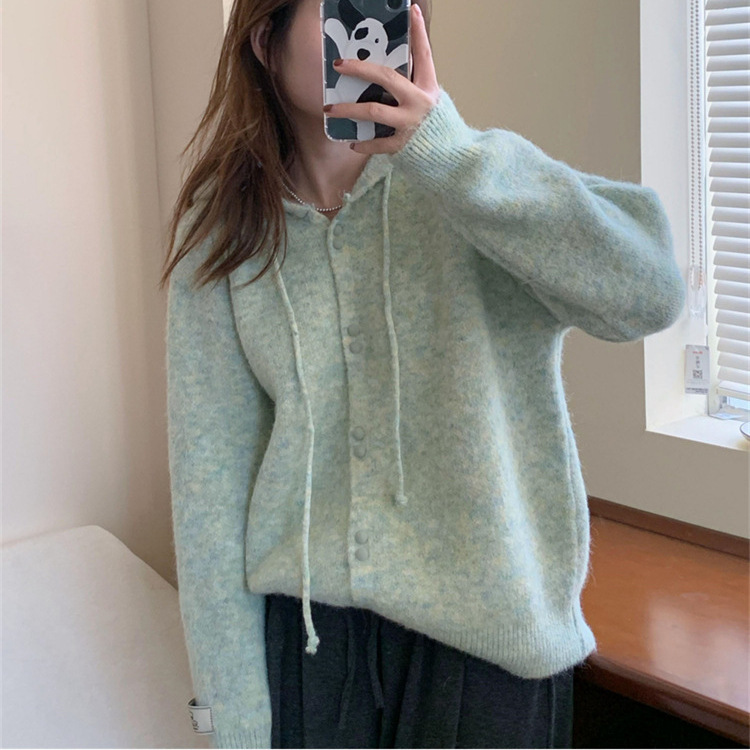 2024 Autumn and Winter New Lazy Flower Line Mixed Color Hooded Single Breasted Loose Casual Knitted Cardigan Jacket for Women