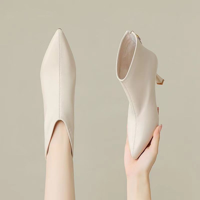 Northern Wolf White Short Boots for Women, High Heels, 2026 Autumn and Winter New Style, Fleece-Lined, Stiletto Heel, Elegant Ankle Boots, Pointed Toe, Stretchy