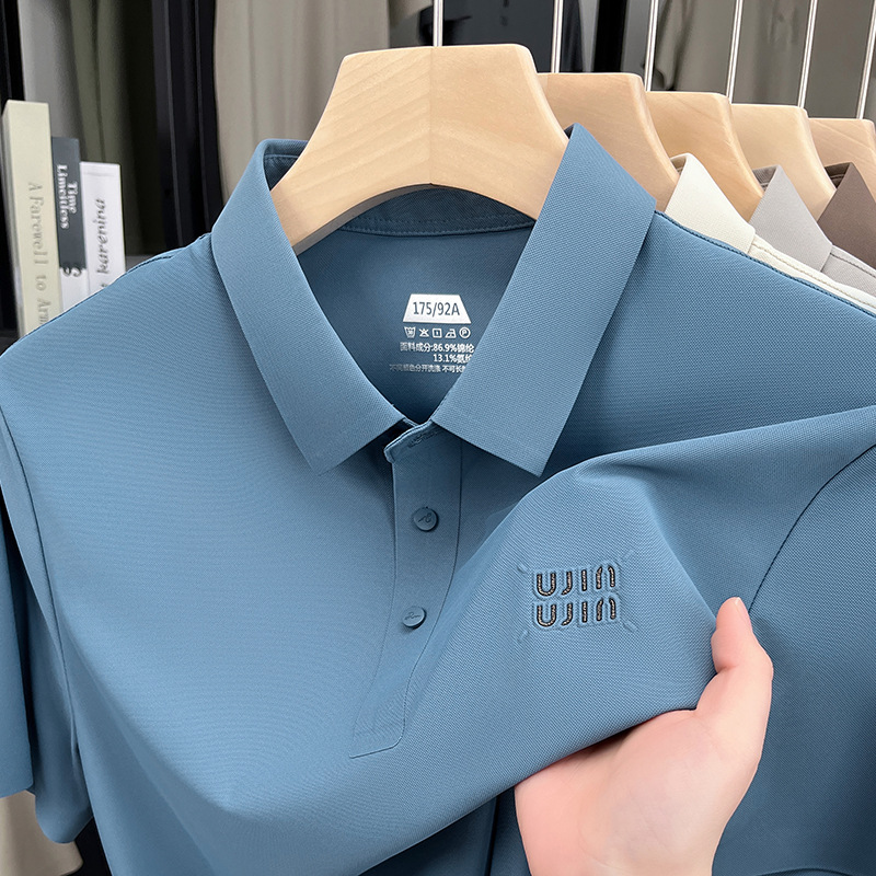 New Summer High-End Short-Sleeved Men's T-Shirt Ice Silk Middle-Aged Straight Casual Lapel Pure Color Men's Short-Sleeved T-Shirt