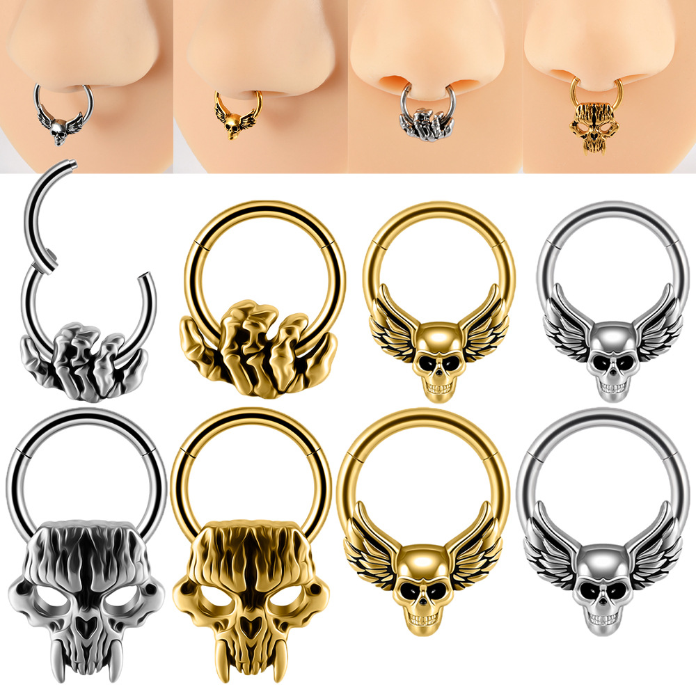 Cross-Border Stainless Steel Electroplated Snap Nose Ring Ghost Hand Piercing Nose Septum Nose Nail Ghost Head Split Ring Ear Bone Nail Jewelry