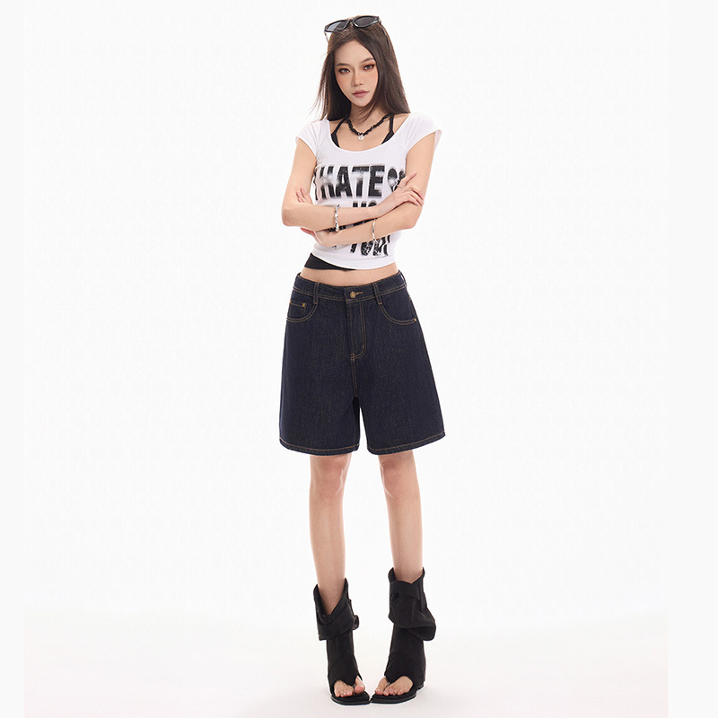 American Retro Style Women's Denim Shorts 2026 Summer New High-Waisted Loose Slimming Wide-Leg Mid-Length Pants for Petite Figures