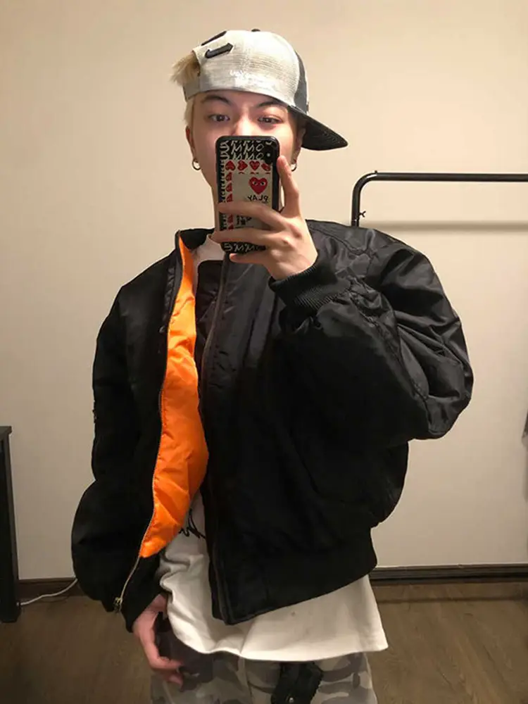 Bomber Orange Pilot Jacket Men's Autumn and Winter Short Tough Guy Padded American Baseball Jacket