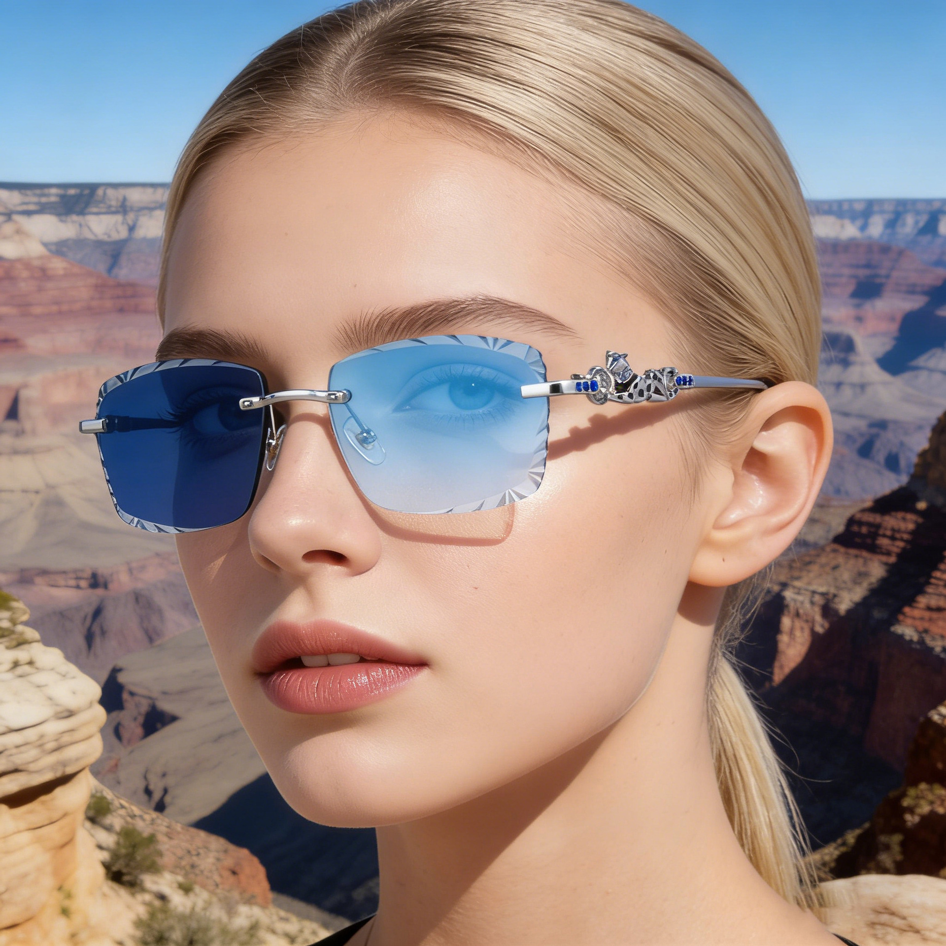 2026 New European and American Fashion Frameless Color-Changing Sunglasses for Women, Diamond-Cut Leopard Design with Rhinestones, Trendy Sunglasses for Men, Cross-Border