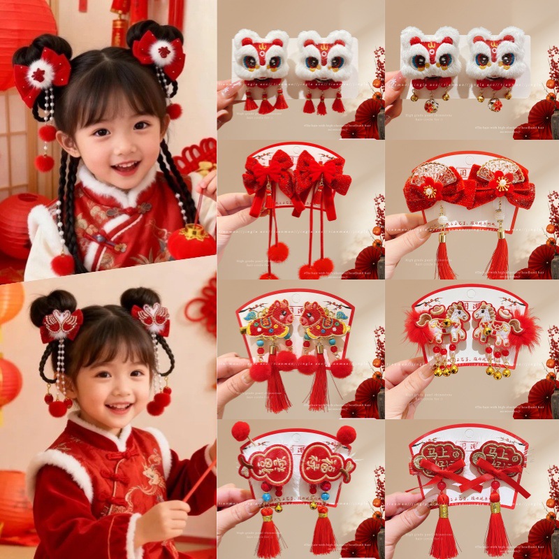 New Year Hair Clips for Little Girls, Chinese Style Children's Tassel Bow Hairpins, Baby Hair Accessories Wholesale