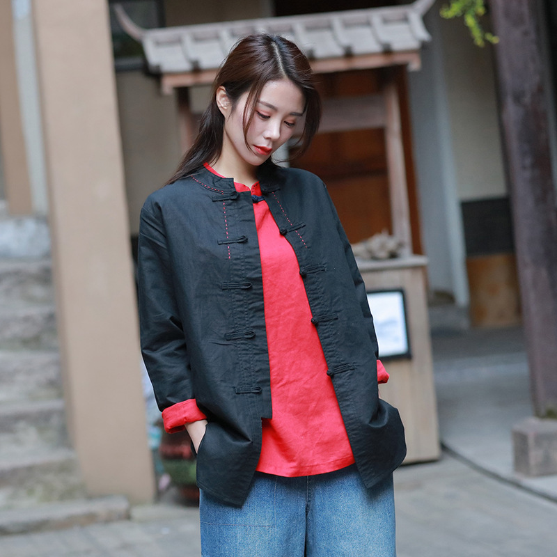 26 Spring Cotton and Linen Women's Clothing New Retro New Chinese Style Stand Collar Hand-Sewn Buttoned Shirt Top Women's Jacket