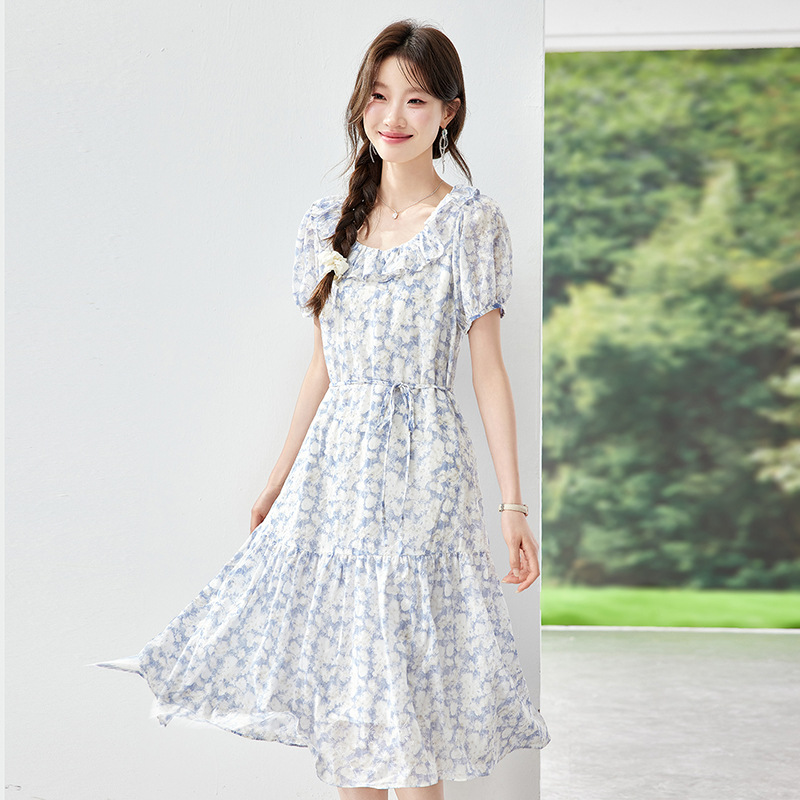2026 New Summer Style Super Pretty Lace Collar Dress with Short Sleeves, Tie Waist, Gentle French Style Dress for Women