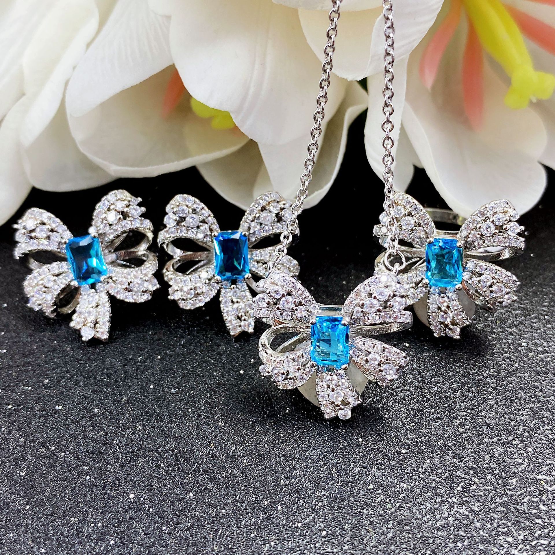 Internet Celebrant Argyle Pink Diamond Bow Necklace Ring Earring Pendant High-grade Jewelry Super Fairy Butterfly Set