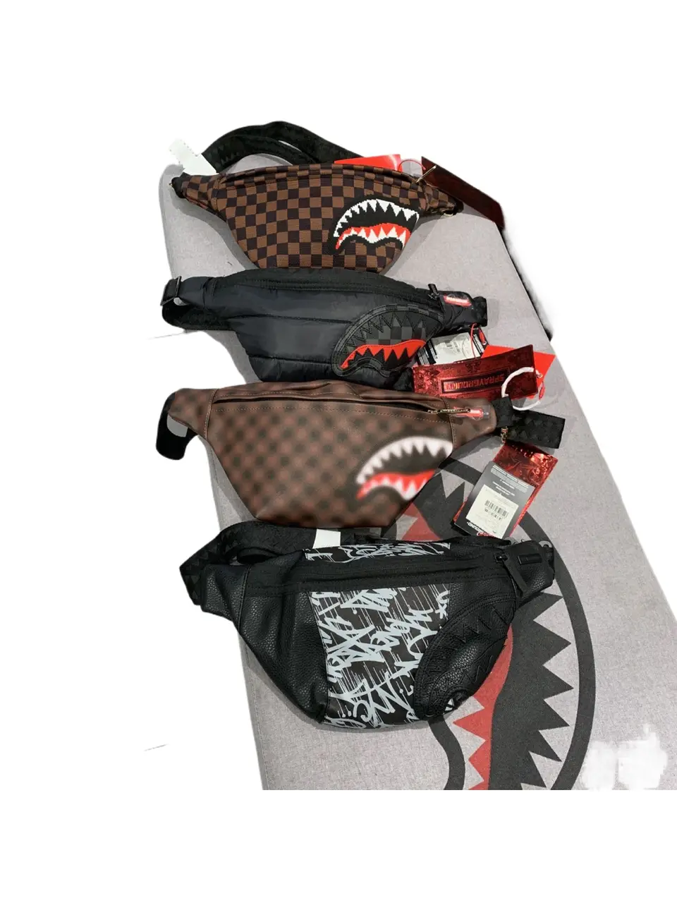 Sprayground New Shark Mouth Men's and Women's Same Style Chessboard Plaid Graffiti Slanted Chest Bag Waist Bag Dumpling Bag