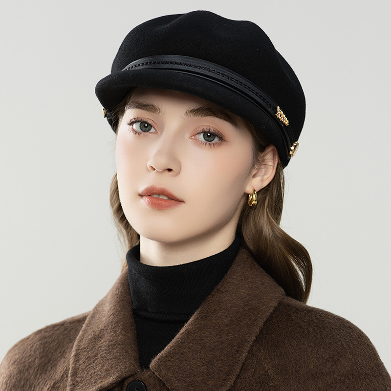 Vintage Pu Leather Belt Equestrian Hat for Women, Autumn and Winter Australian Wool Felt Hat, Versatile Octagonal Hat, New Style Baseball Cap Wholesale