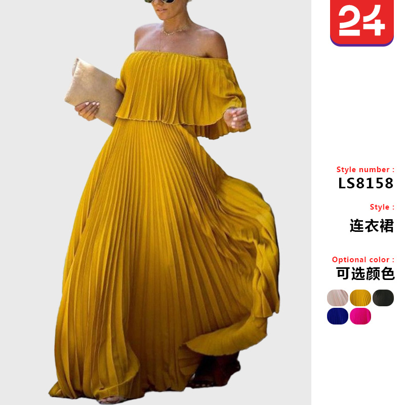 2025 New European and American Clothing Long Skirt Cross-Border Sexy Off-Shoulder One-Shoulder Pleated Chiffon Evening Dress