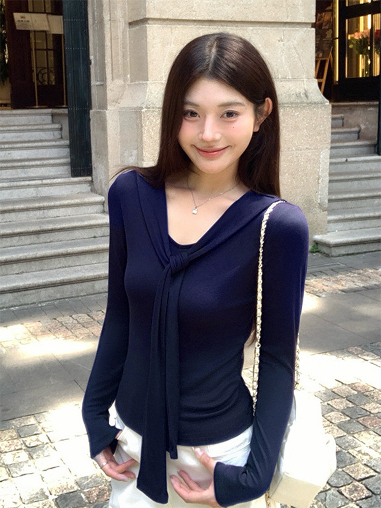 Navy Collar Shawl Long-Sleeve T-Shirt for Women 2026 Spring and Autumn New V-Neck Base Shirt with Slim Fit Design Top