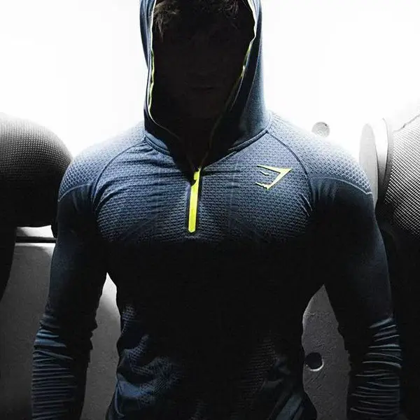GYM Fitness Tight Long Sleeve Men's Winter Slim Fit Show Body Sportswear Quick drying Elastic Hoodie Half Zipper Top