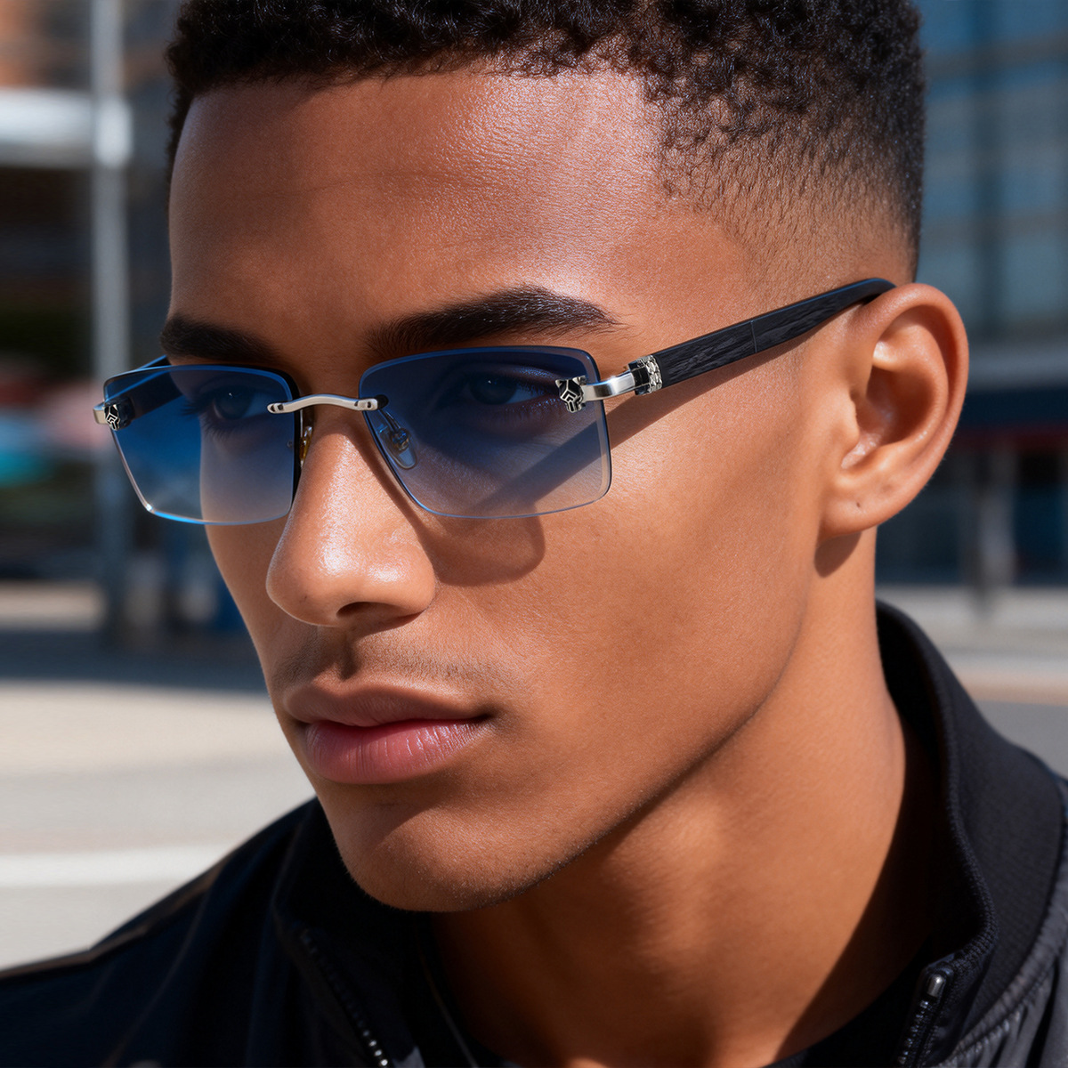 2026 New European and American Fashion Frameless Sunglasses for Men, Retro Wood Grain Temple, Leopard Head, Sun Protection Sunglasses for Men, Cross-Border