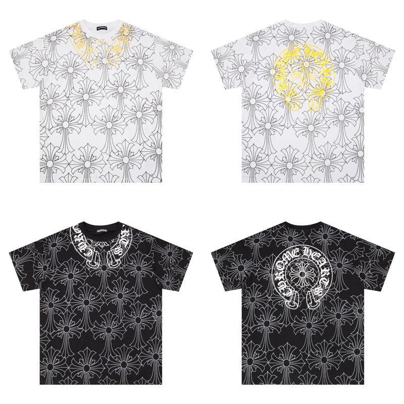 Cross-Border High Version Chrome Hearts Gold-Stamped Horseshoe Full-Print Cross Sanskrit Short Sleeves