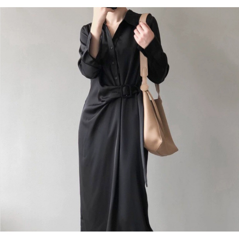 French style elegant satin shirt dress high-grade light luxury long sleeve waist slimming spring and autumn bottoming skirt