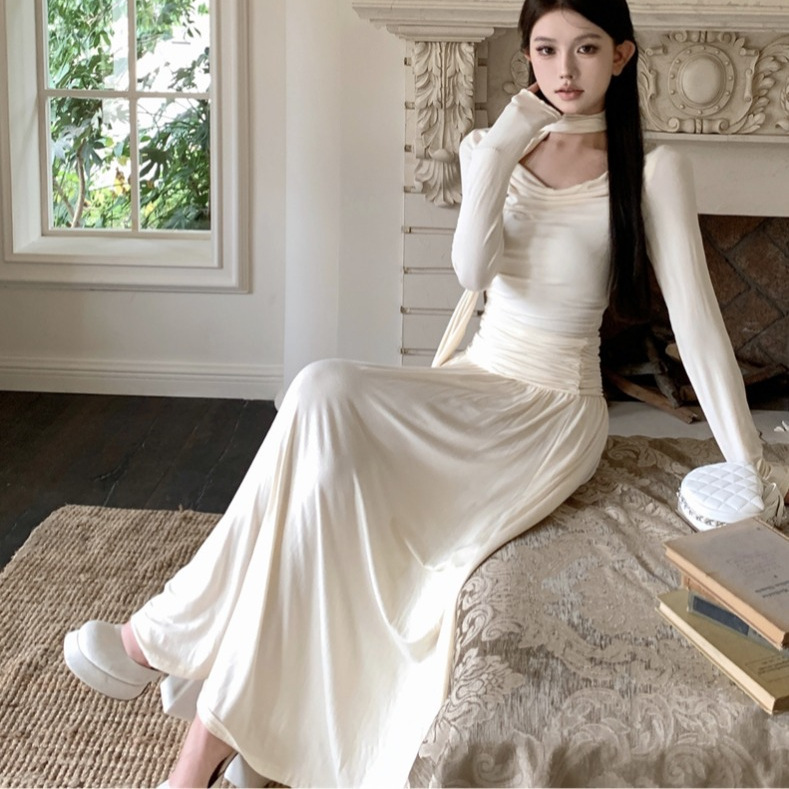 French-Style Gentle Draped Collar Long-Sleeve Knit Dress for Women, Autumn Slim-Fit Elegant Long Dress with Ribbon Waist-Cinching A-Line Skirt