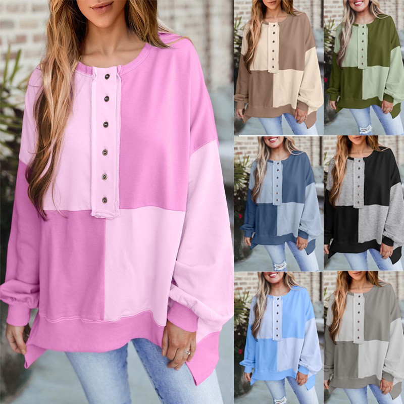 2026 Autumn/Winter Amazon Cross-Border European and American Casual Patchwork Color-Block Velvet Belt Buckle Long Lapel Sweatshirt for Women