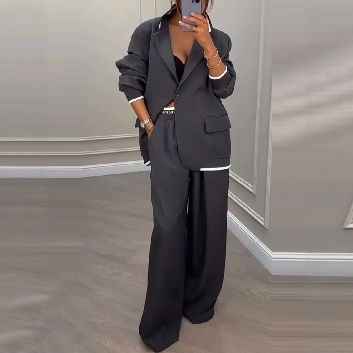 European and American Cross-Border 2025 Autumn and Winter New Women's Clothing Amazon Style Long-Sleeve Jacket Casual Wide-Leg Pants Suit Set