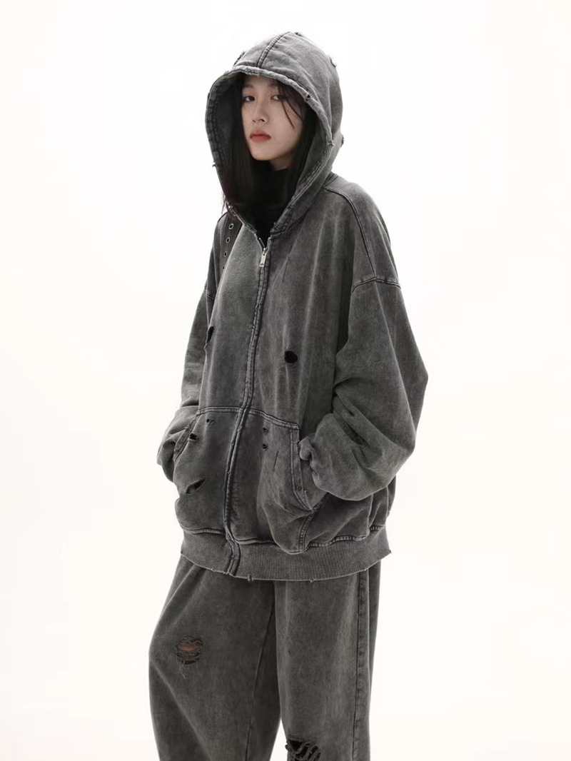 2024 Washed Dressed Hole Sweater Men's European and American Cross-border Trendy Brand Tray Cotton Sports Retro Hooded Couples Shirt
