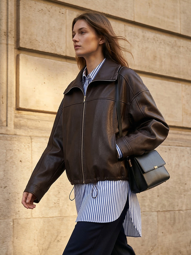 Haining Leather Jacket for Women 2026 New Spring, Autumn, and Winter Style, First-Layer Goat Leather Short Loose Casual Jacket