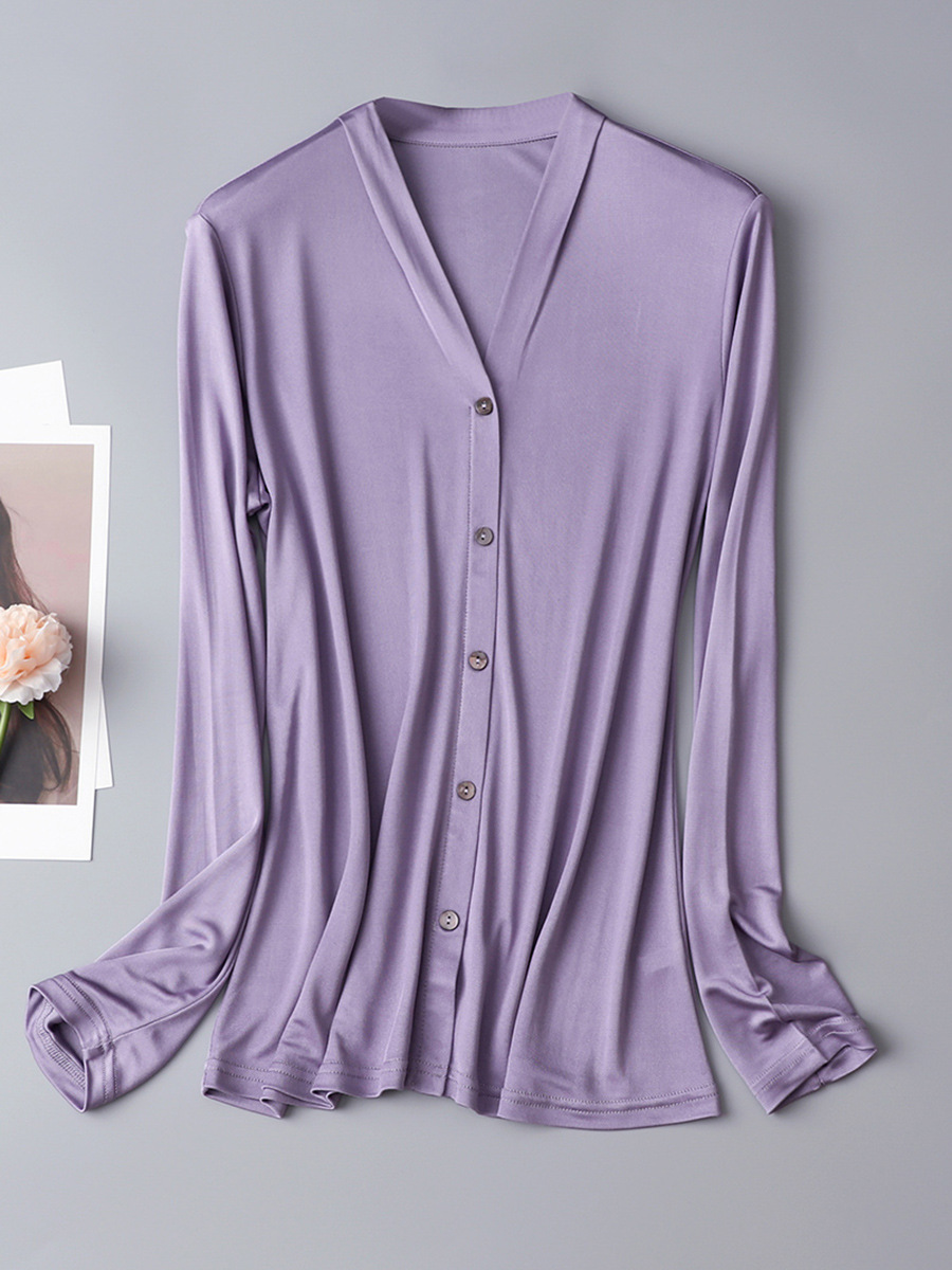 Heavy Knitted Silk Long-sleeved Base Shirt Women's Mulberry Silk Solid Color False Open Button V-neck Pullover Top for Inner Wearing and Outer Wearing