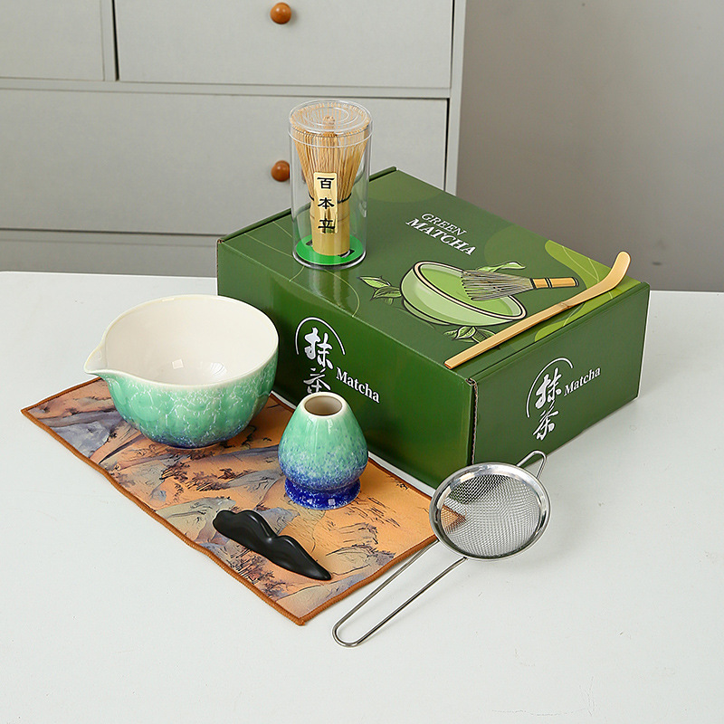 Gradient Ceramic Matcha Bowl Set with Tea Whisk, Matcha Brush, and High-Quality Stirring Stick with Spout, Exclusively for Cross-Border Sales