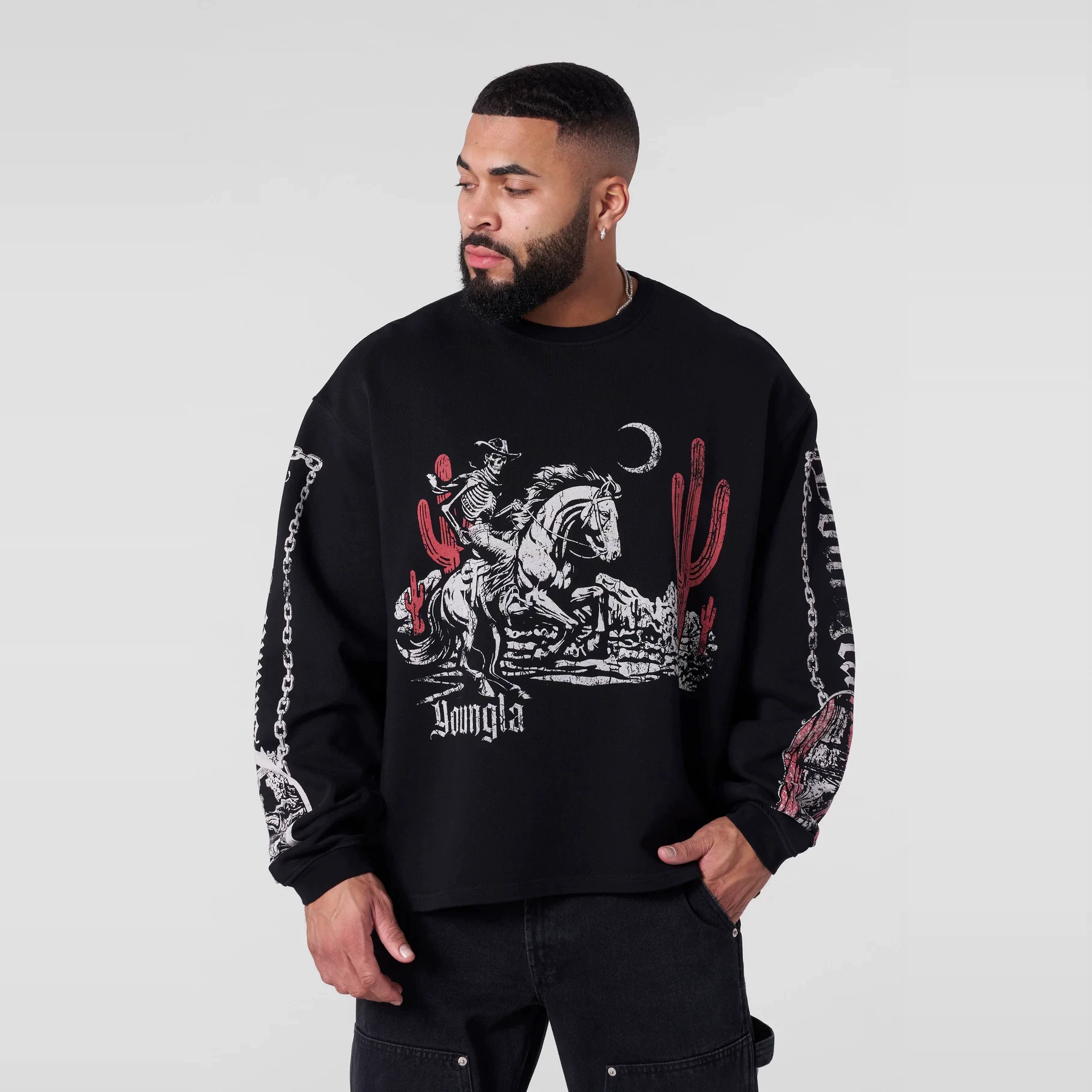 Los Angeles men's fitness hoodie loose long sleeved round neck pullover denim pure cotton high weight loop sport