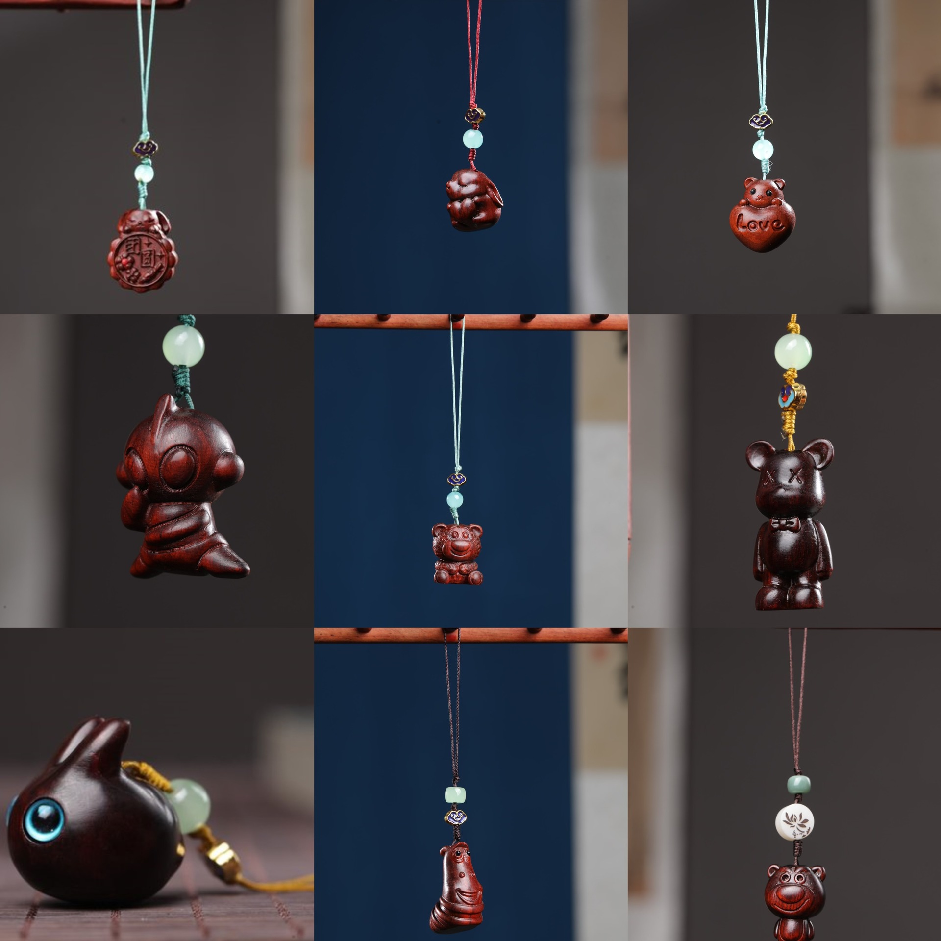 Indonesian Red Sandalwood Altman Wood Carving Sandalwood Monster Mobile Phone Chain Pendant Creative Keychain Bag Decorative Hanging Ornaments