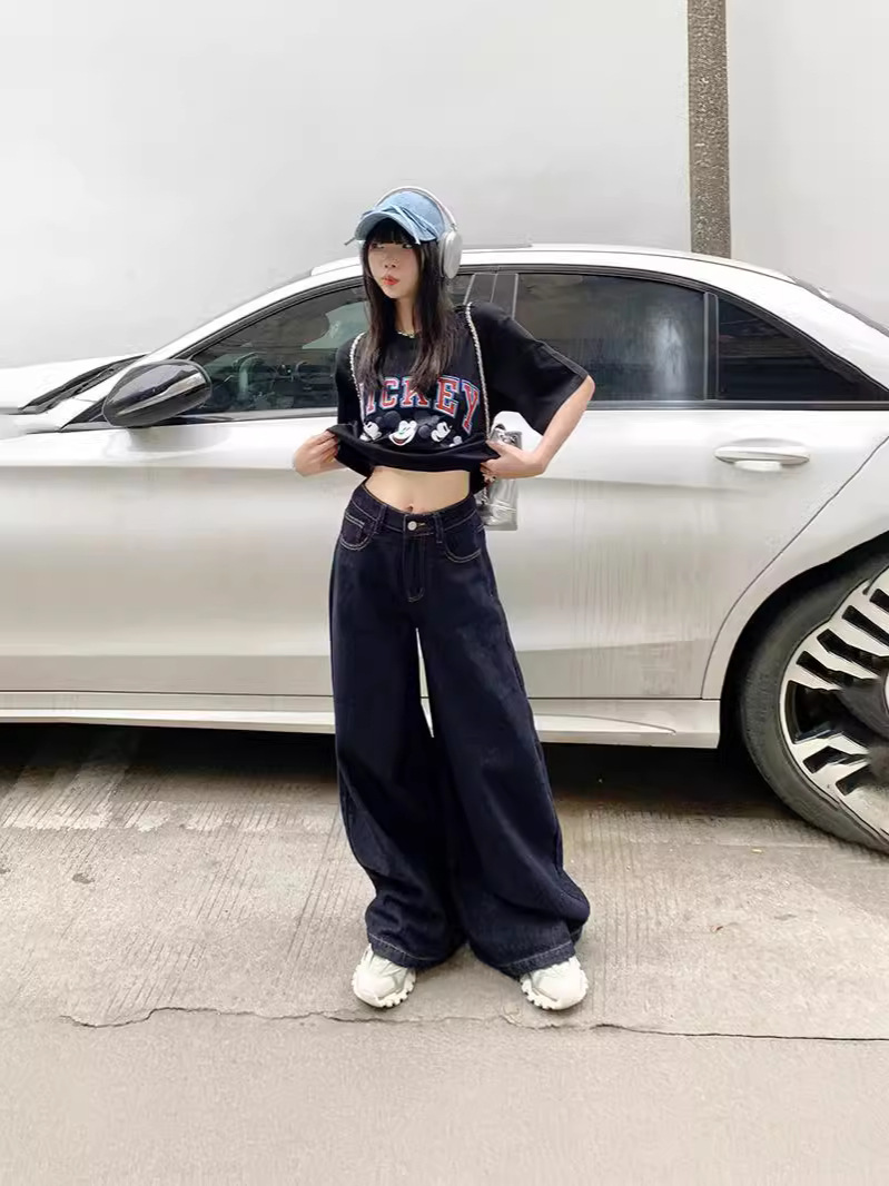 Thin Wide-leg Jeans for Women in Summer 2024 New Retro Loose and Versatile Slimming Look Draped Floor-length Straight Pants