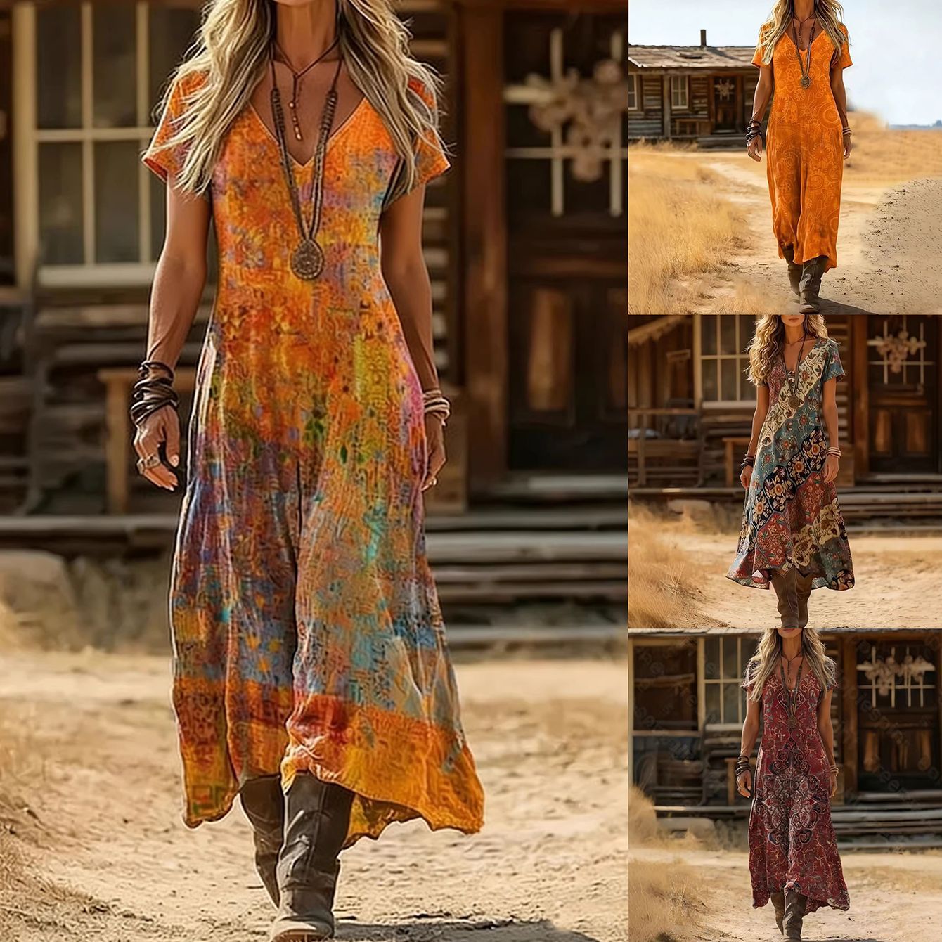 2026 New Amazon Cross-Border Fashion European and American Style Hot-Selling V-Neck Dress Retro Tribal Style