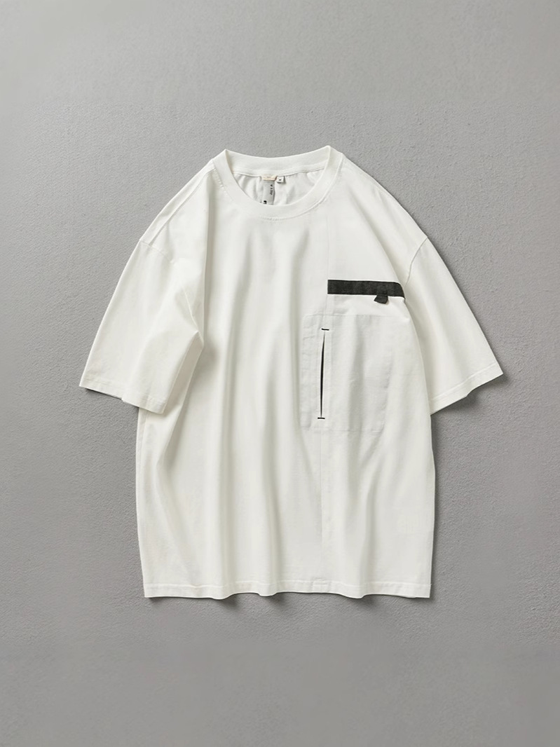 2025 New Summer Cotton T-Shirt Men's Spliced ​​Pocket Lightweight Breathable Short-Sleeved Basic Round Neck Half-Sleeved T27