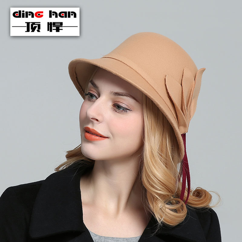 Tough European and American British style women's top hat autumn and winter warm imitation wool felt hat fashion leaf flower hat