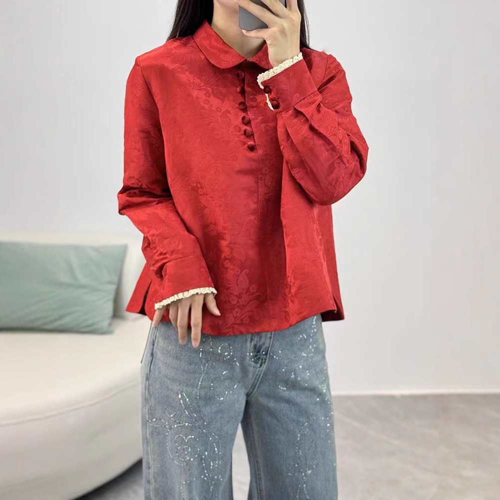 2025 Shenzhen Nanyou Early Spring Explosions Version All-match Lined Silk Linen Blended Jacquard Shirt Top for Women