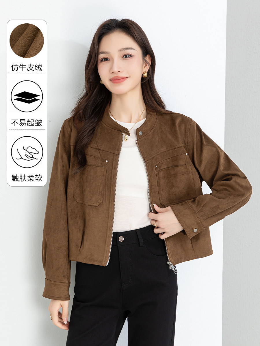 Xingge Maillard Brown Coffee-Colored Round-Neck Faux Leather Suede Jacket for Women, Short Style, 2026 Spring and Autumn New Motorcycle Jacket