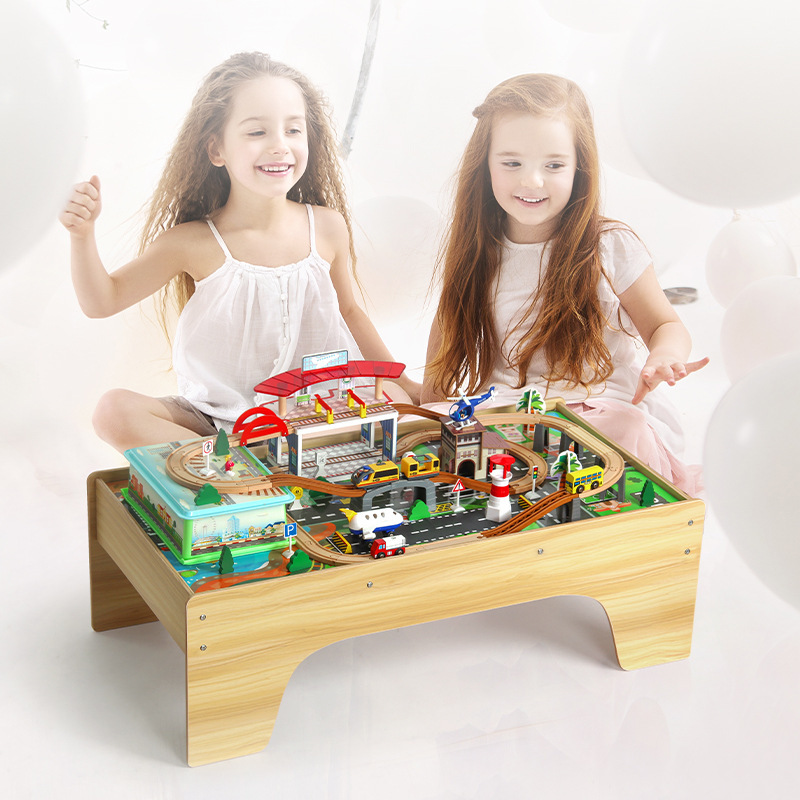 Wooden Mine Building Blocks Railcar Electric Train Model Set Toys Children's Amusement Park Merging Game Table