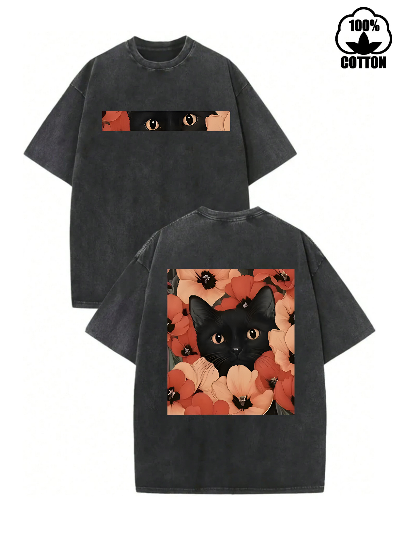 European and American Style Round Neck Pure Cotton Washed Vintage Tokyo Tiger Cat Floral Pattern Women's T-Shirt Loose Short Sleeve Export