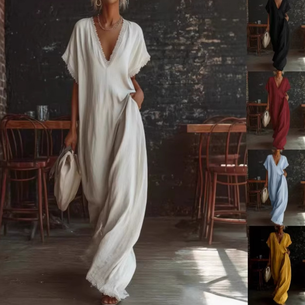 2026 Spring/Summer Collection Independent Brand Amazon European and American Casual Elegant Comfortable Lace Trim Loose Linen Cotton Long Dress