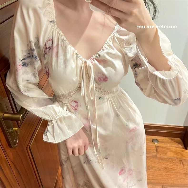 [Jiangnan Yanyu Skirt] 2023 Satin Ice Silk ink painting V-neck silk national style new Chinese long sleeve nightgown women