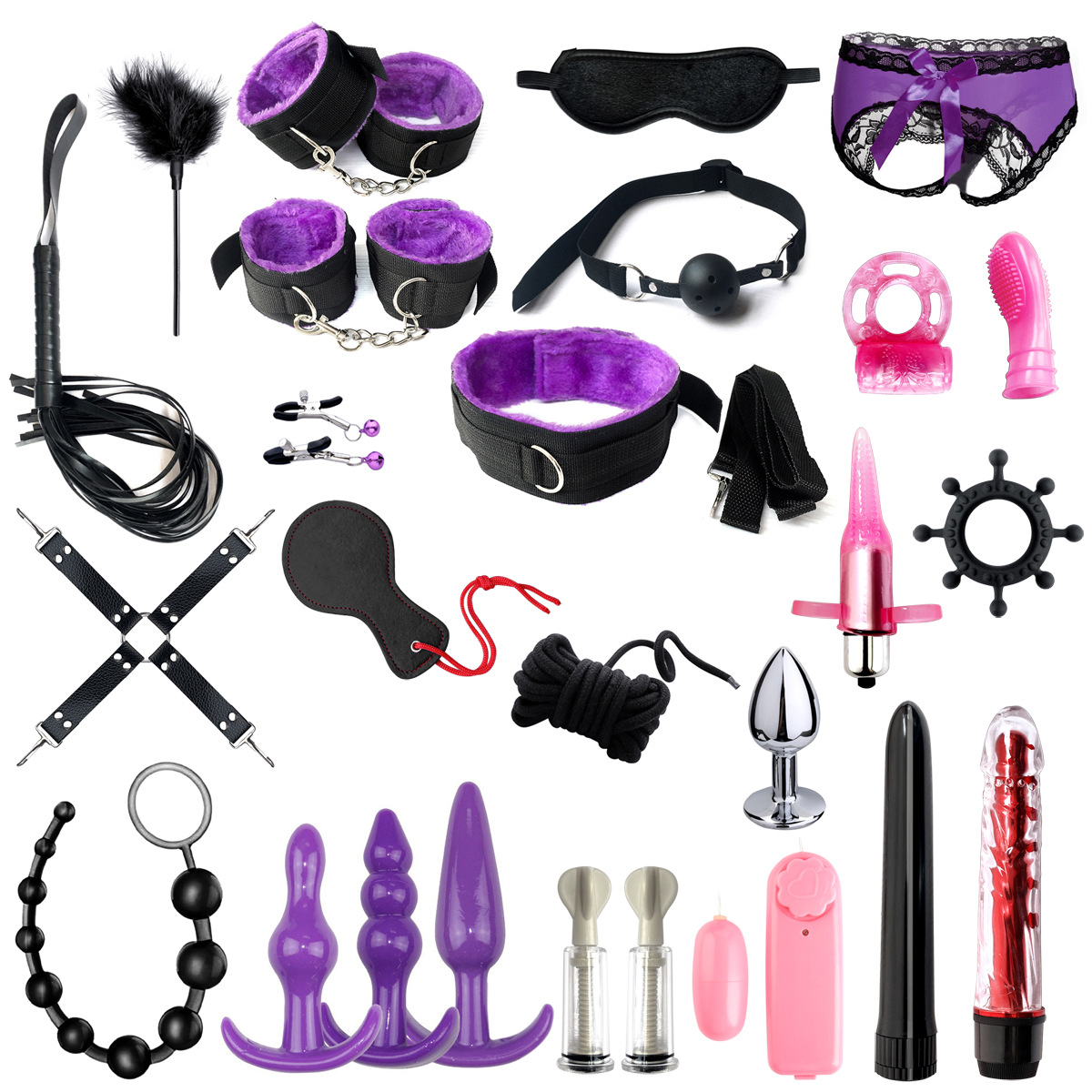 Adult SM sexy ribbon plush 26-piece set couple back court pull beads vibration anal plug binding sex toy supplies