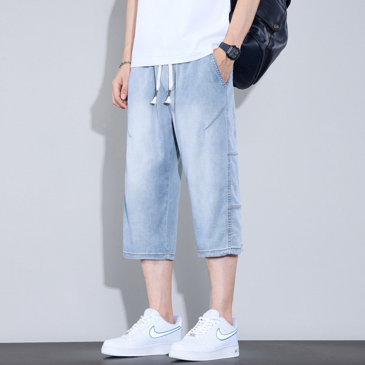 Summer New Style Tencel Lyocell Three-Quarter Straight-Leg Jeans for Men, Thin, Cool, Breathable, Loose Casual Shorts