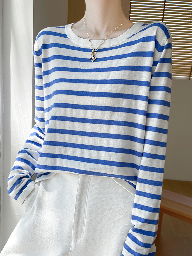 Worsted Wool Contrast Striped Crewneck Sweater Women's Fashionable All-match Two-wear Age-reducing Loose Casual Thin Sweater