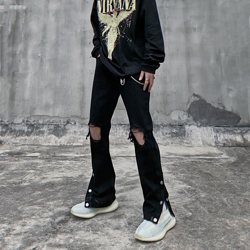 ins High Street Vintage Washed Knee Ripped Jeans Men's Row Buckle Black Fashion Brand Split Slim-Fit Beggar Trousers