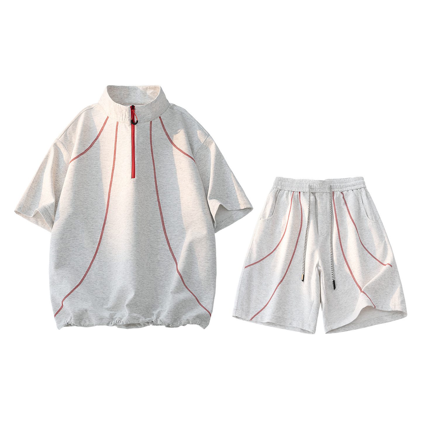 Large Size Summer New Style Half-Zip Short-Sleeved Shorts T-Shirt Set for Boys, Casual, Comfortable and Simple Top Two-Piece Set