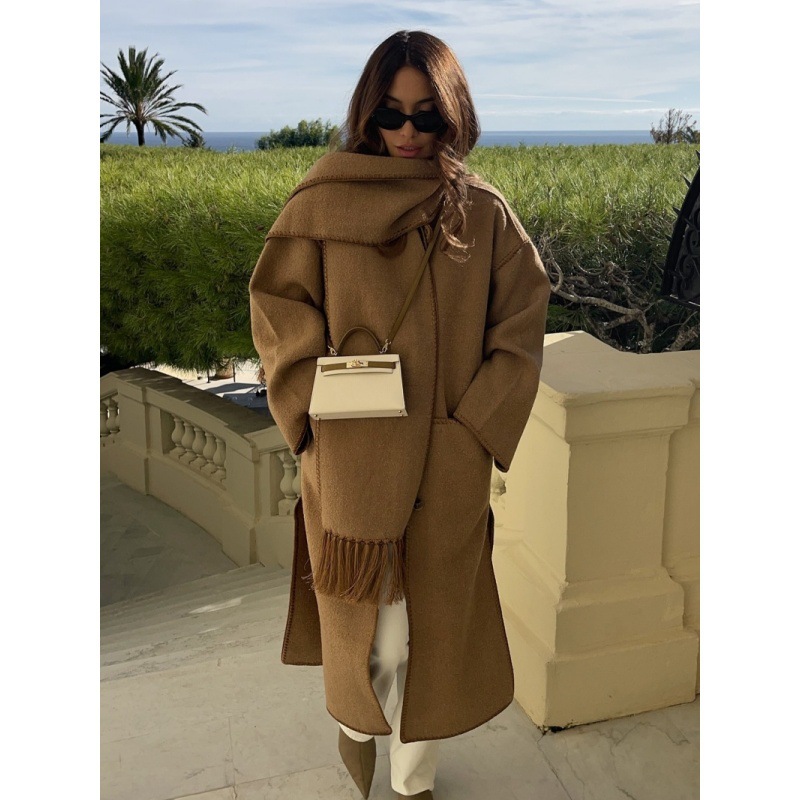 Longmei Tassel Scarf Wool Coat for Women 2025 Autumn/Winter New Tot Style Commuting Loose Long Woolen Coat